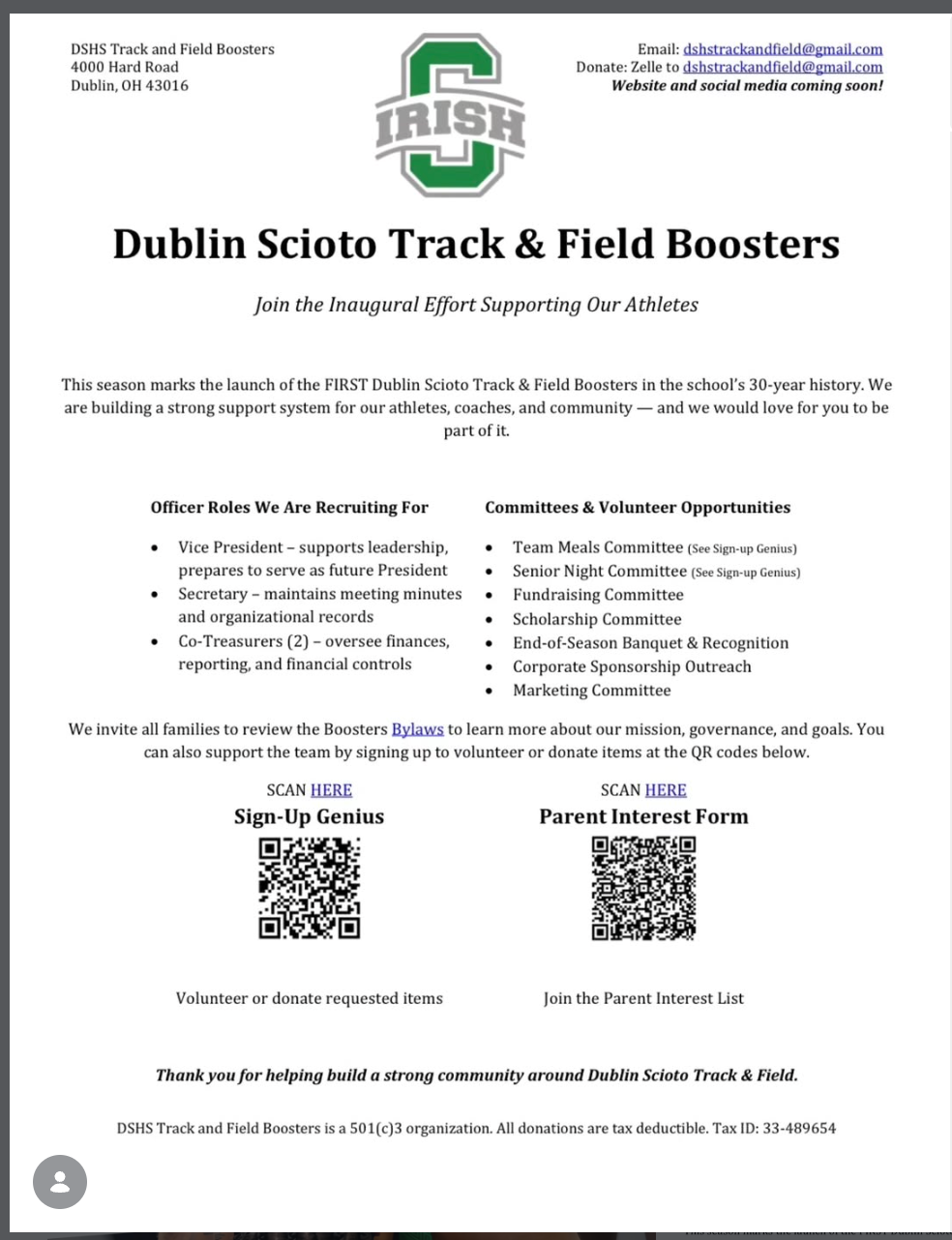 Dublin Scioto Track & Field Boosters flyer